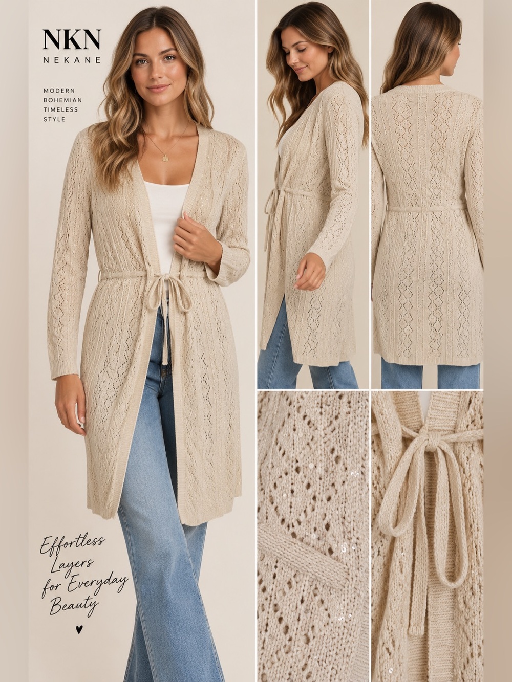 NKN Nekane Long Open Knit Sequin Cardigan Ecru Tie Waist Small Medium NWT